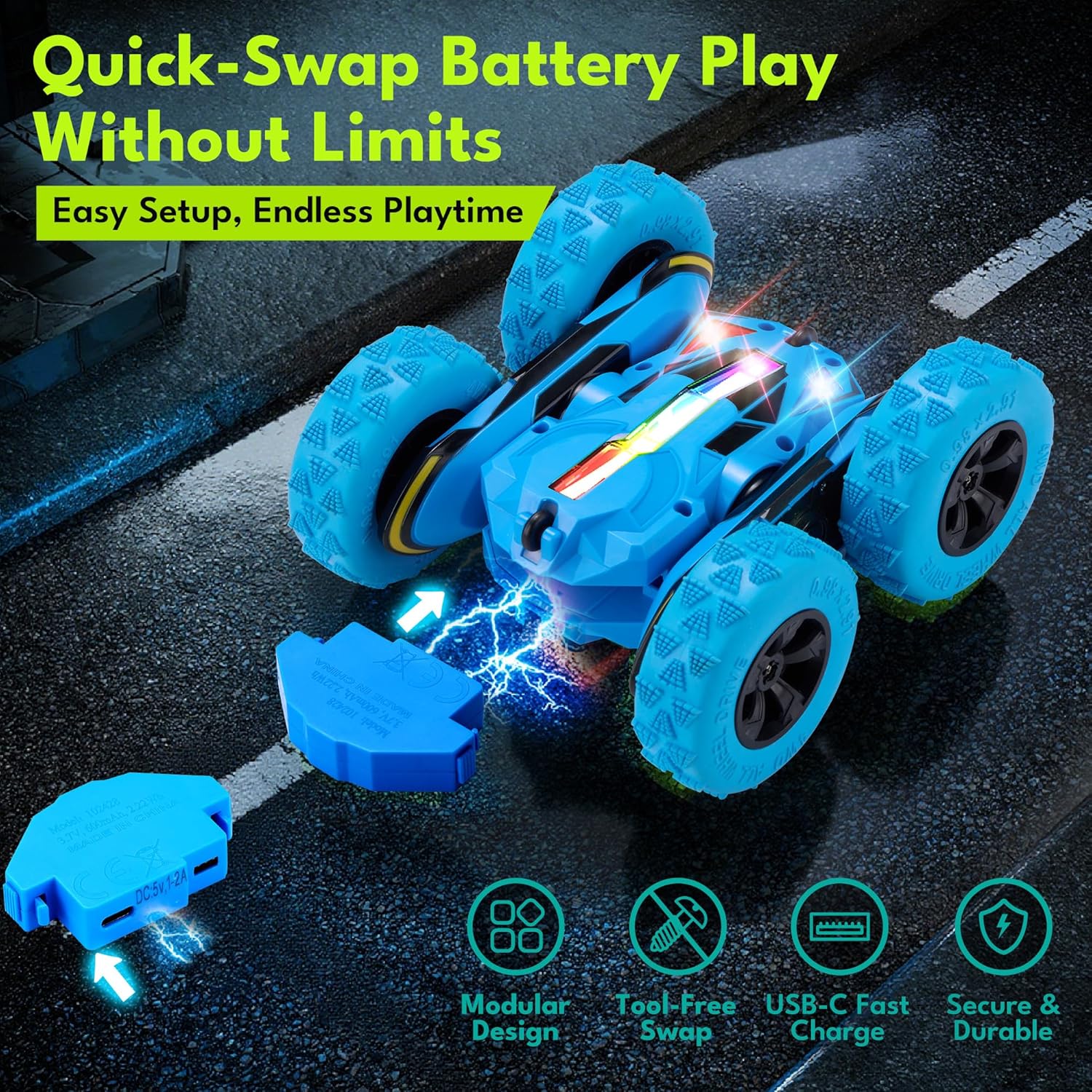 Threeking New Remote Control Car RC Flip Stunt Double Sided Driving Cars Toys for Boys Girls Ages 6-12, USB-C Modular Batteries, 4WD 360° Flips with Breathing Soft Lights, Presents Gifts, Blue