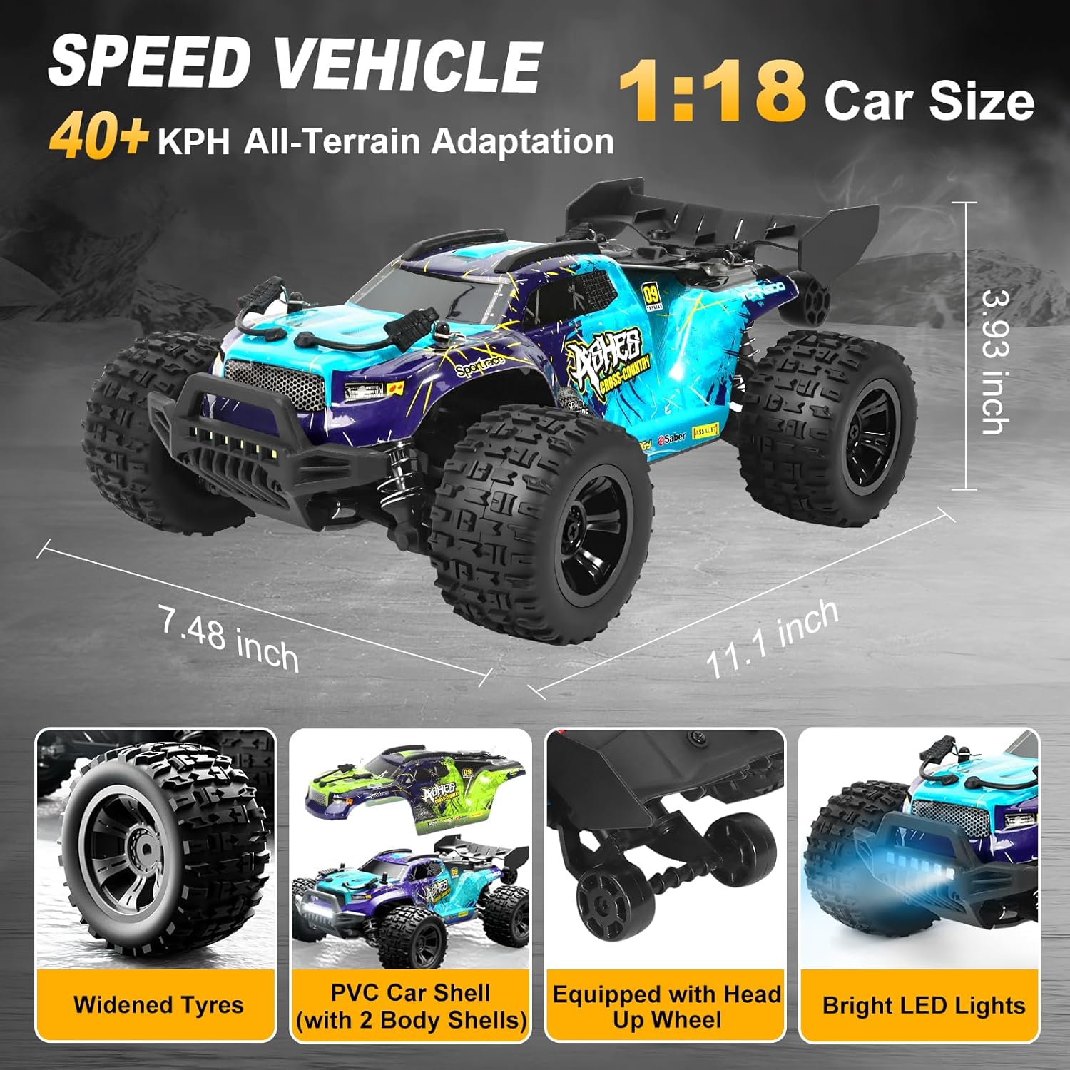 1:18 Scale All-Terrain RC Car for Adults - 40+KM/H High Speed 4WD Off-Road Remote Control Truck with 2 Rechargeable Batteries, 2.4GHz Electric Toy Vehicle Gift for Teens and 14+ (1:18 Scale)