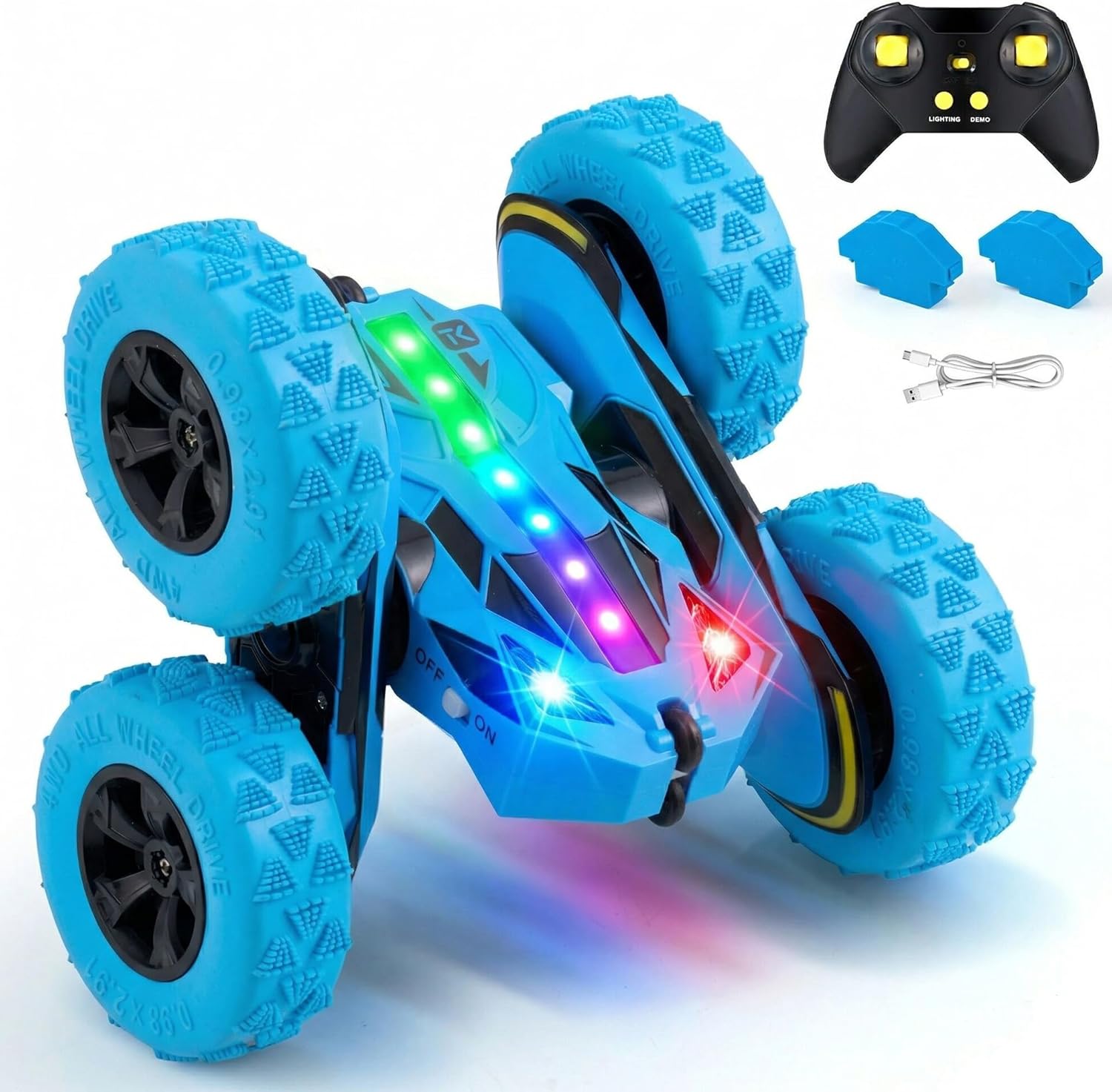 Threeking New Remote Control Car RC Flip Stunt Double Sided Driving Cars Toys for Boys Girls Ages 6-12, USB-C Modular Batteries, 4WD 360° Flips with Breathing Soft Lights, Presents Gifts, Blue